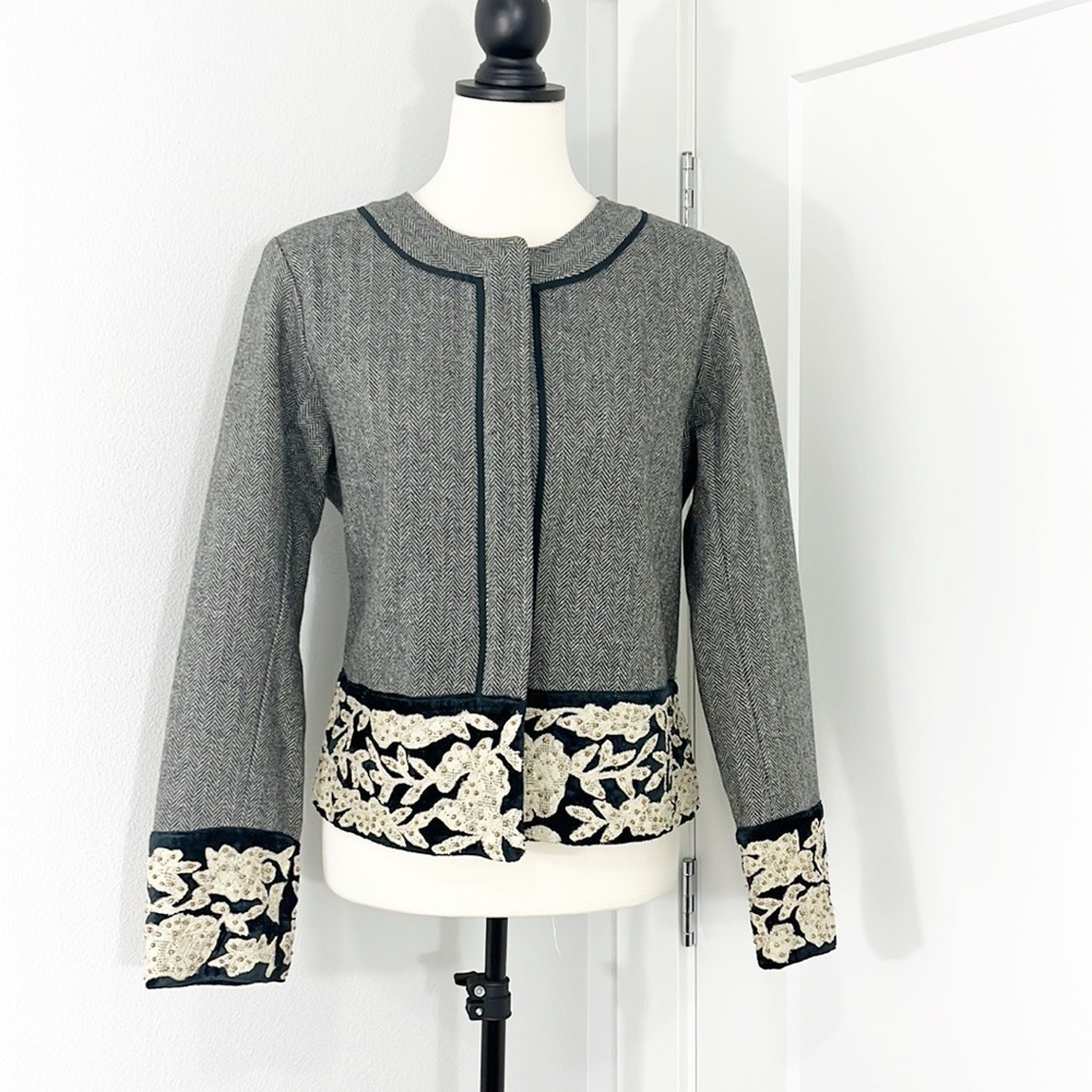 Sundance Size 4 Gray, Blue, Cream Tweed Velvet Wool Blend Cardigan Sweater